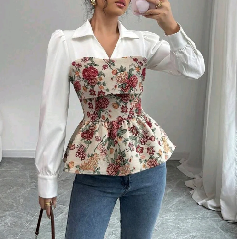 Women's Retro Floral Patchwork Long Sleeve Blouse, Elegant Style Suitable for Au - Picture 1 of 4
